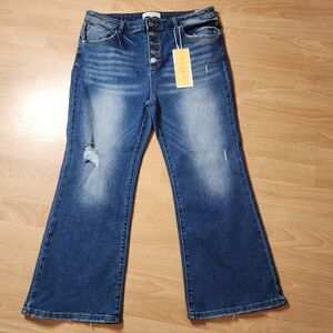 NWT Risen Jeans 1X Crop Flare Button Fly Jeans Stretch Denim Distressed